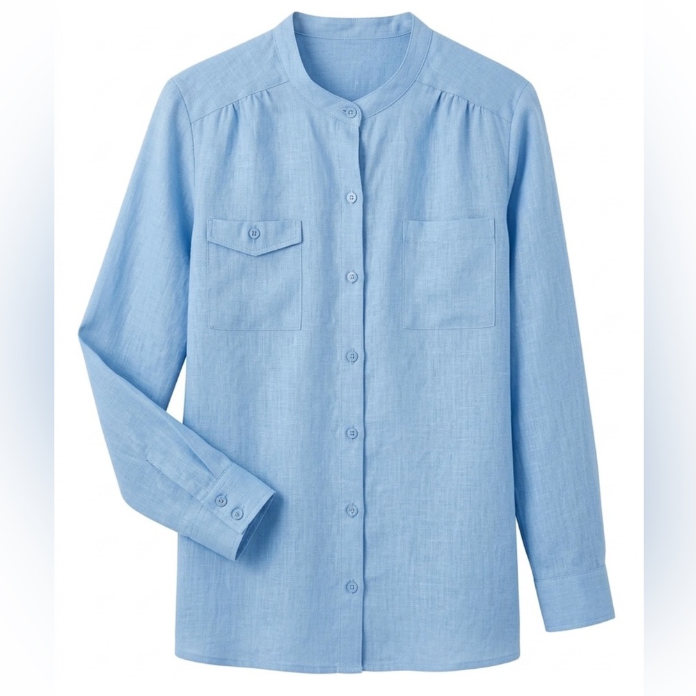 Vintage 100% Linen Weekend Choices Blue Mandarin Collar Button Front Top XL